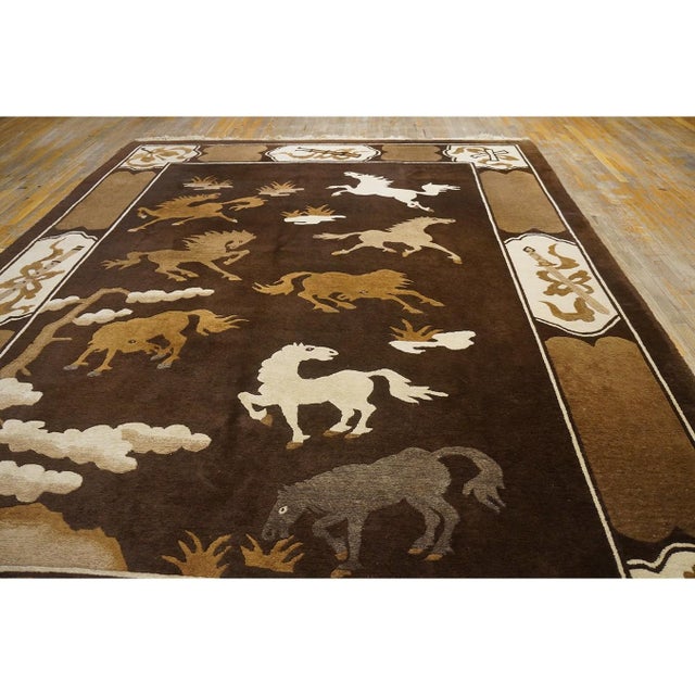 Textile 1930s Brown Horse Pattern Antique Chinese Mongolian Wool Animal Rug For Sale - Image 7 of 8