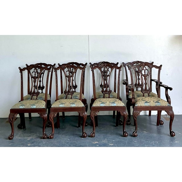 Vintage Ball and Claw Chippendale Dining Chairs in Fortuny Jaquard - Set of 8 For Sale - Image 9 of 12