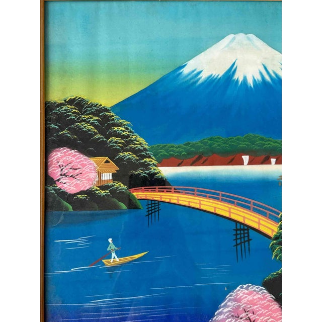 Pair of vintage custom framed mixed media Japanese landscape prints. Wired and ready to hang. Paper has a bit of buckling....