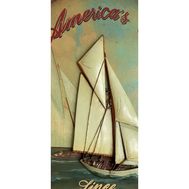 Antque marine sailing American Cup oval bas relief painting. Carved sailing boat on wood , painted, in oval frame.