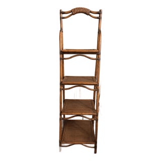 Coastal Boho Arched Rattan and Burnt Bamboo 4-Tier Étagère - 72" H For Sale