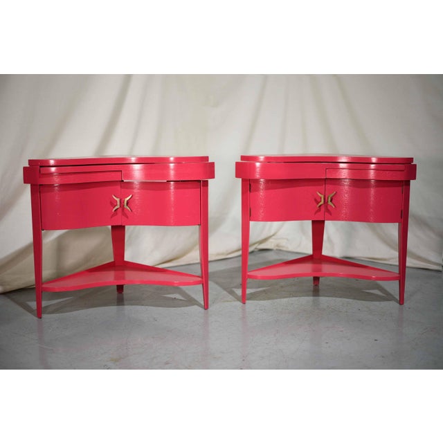 Transitional Vintage Triangular Concave Flip-Out Tables in Pink Newly Painted - A Pair For Sale - Image 3 of 12