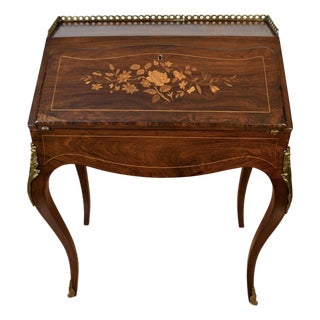 1880s Antique French Louis XV Walnut & Satinwood Inlay Secretary Ladies Desk For Sale