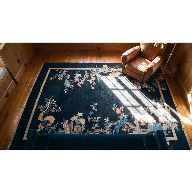 1920s Black Floral Antique Chinese Art Deco Rug 5'7" X 8'4" Knotted Wool Carpet For Sale - Image 9 of 9