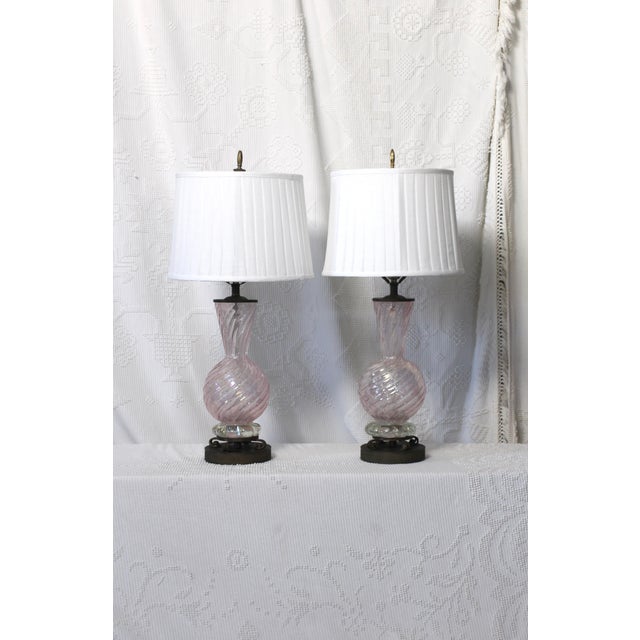1950s Barovier Toso Murano Glass Lamp Pair With Pleated White Shades For Sale - Image 18 of 18