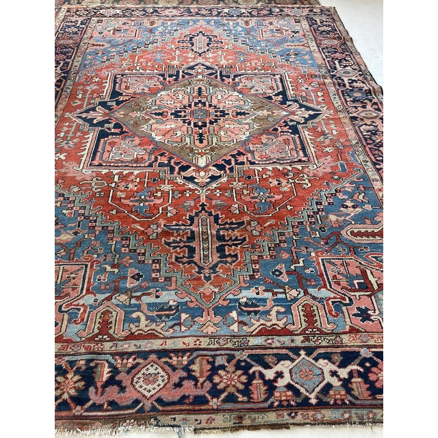 Persian WALNUT MEDALLION Antique Heriz River Blues Rug 9 x 12 For Sale - Image 3 of 15