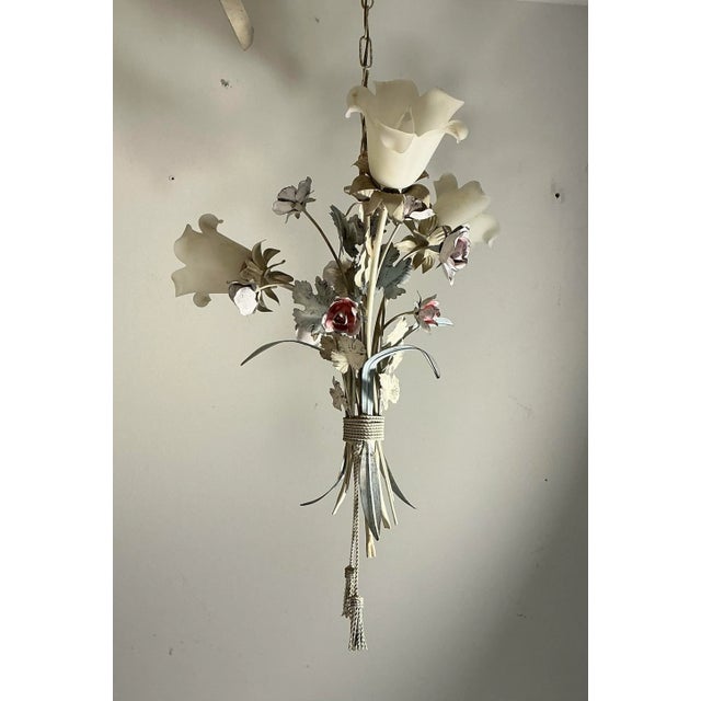 Vintage 1960’s Italian tole, 3-light floral chandelier with milk glass shades. All original untouched. Comes with 6”...