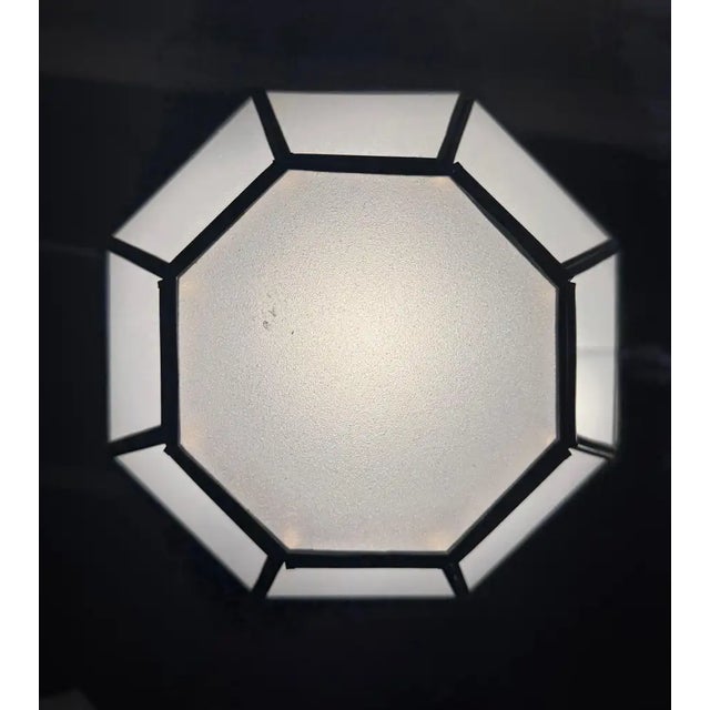 1990s Art Deco Style Frosted White Milk Glass & Bronze Octagonal Pendant - a Pair For Sale - Image 13 of 15