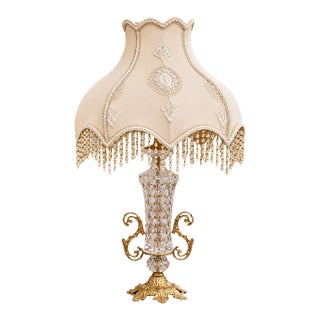 French Crystal Table Lamp – Ornate Gilded Base & Decorative Beaded Fringe Shade For Sale
