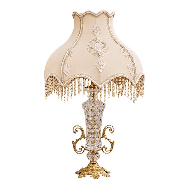 French Crystal Table Lamp – Ornate Gilded Base & Decorative Beaded Fringe Shade For Sale