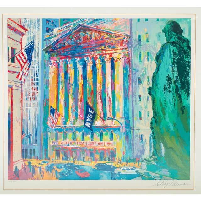 Color serigraph on paper depicting the New York Stock Exchange building on Wall Street with American flags and the statue...