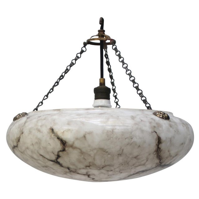 Metal Art Deco Pendant Lamp in Brass and White Grey Marble Painted Glass, France, 1920s For Sale - Image 7 of 7