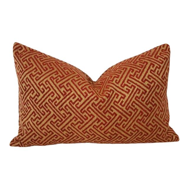 Kravet Smart Gold & Red Fretwork Lumbar Pillow Cover - 12” X 20” For Sale