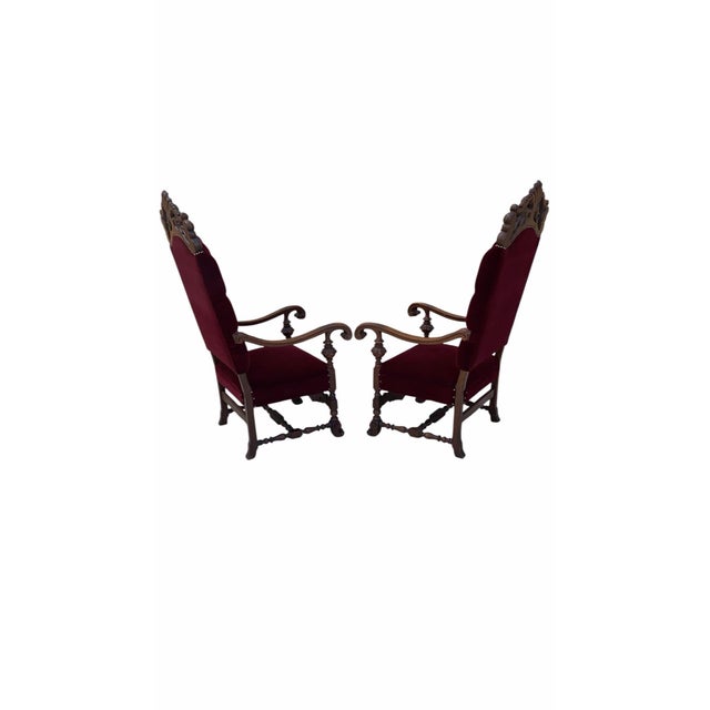 Gothic Antique French Regency Style Ornate Caved Walnut Throne Chairs Newly Reupholstered in a Burgundy Mohair - Pair For Sale - Image 3 of 7