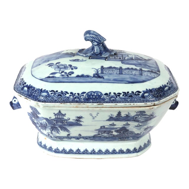 River Pavilion: Chinese Export Porcelain Blue & White Tureen For Sale