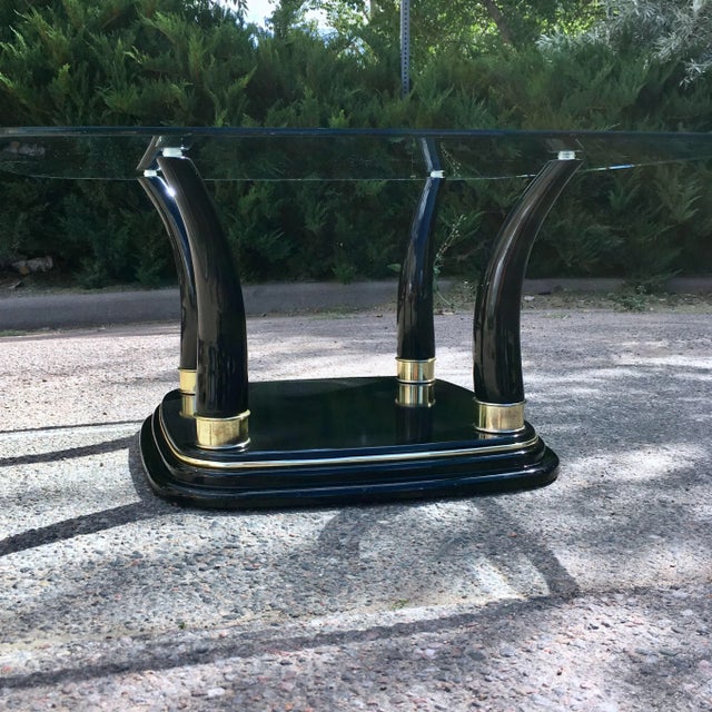 Henredon Mid 20th Century Postmodern Faux Elephant Tusk Glass Top Coffee Table in Black Lacquer Manner of Henredon For Sale - Image 4 of 13