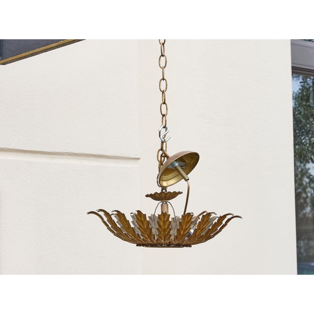 Spanish 1950s Spanish Gilt Metal Leaf Light Fixture with Frosted Glass For Sale - Image 3 of 11