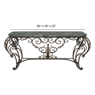 Monumental Hollywood Regency Wrought Iron & Verde Marble Console Table For Sale