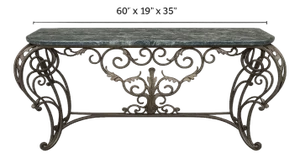 Monumental Hollywood Regency Wrought Iron & Verde Marble Console Table