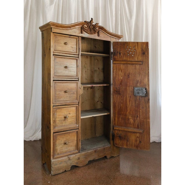 Wood Antique European Pine Cabinet With Drawers and Carved Crest For Sale - Image 7 of 9
