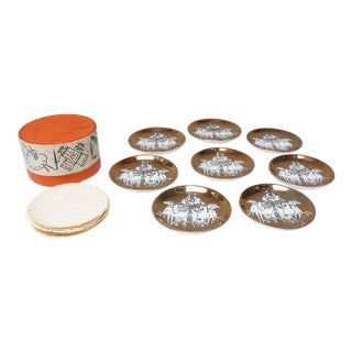 Set of Eight Vintage Gilded Roman Chariot Coasters by Piero Fornasetti With Box For Sale