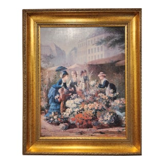 ​Antique French Ornate Gilt Frame Canvas Print: "Parisienne Market" by v.g. Gilbert, House of Troy For Sale
