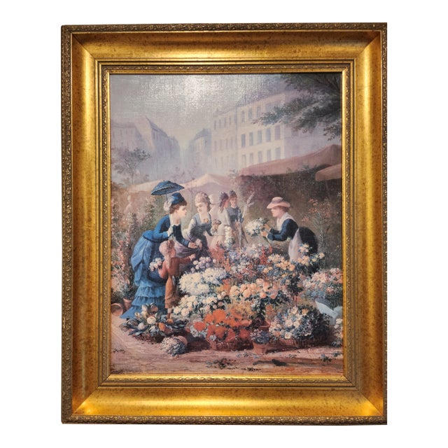 ​Antique French Ornate Gilt Frame Canvas Print: "Parisienne Market" by v.g. Gilbert, House of Troy For Sale