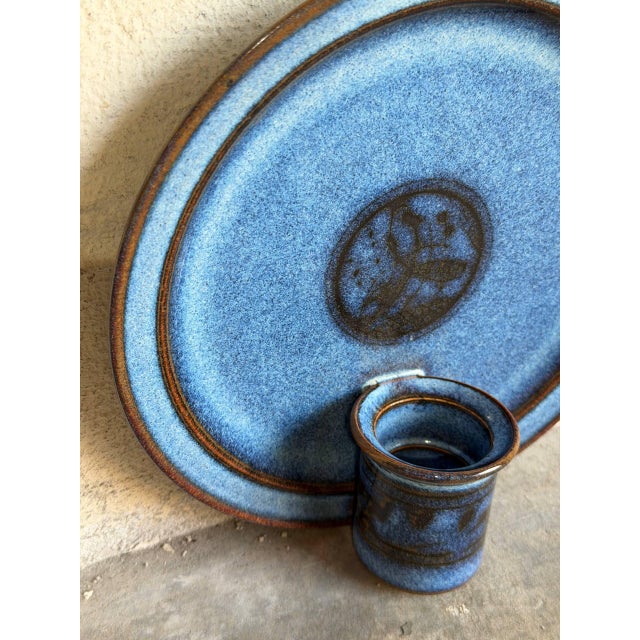 Aksel Krog Ceramic Wall Plaque Candle Holder Speckled Blue Stoneware Denmark 1960s For Sale - Image 9 of 9
