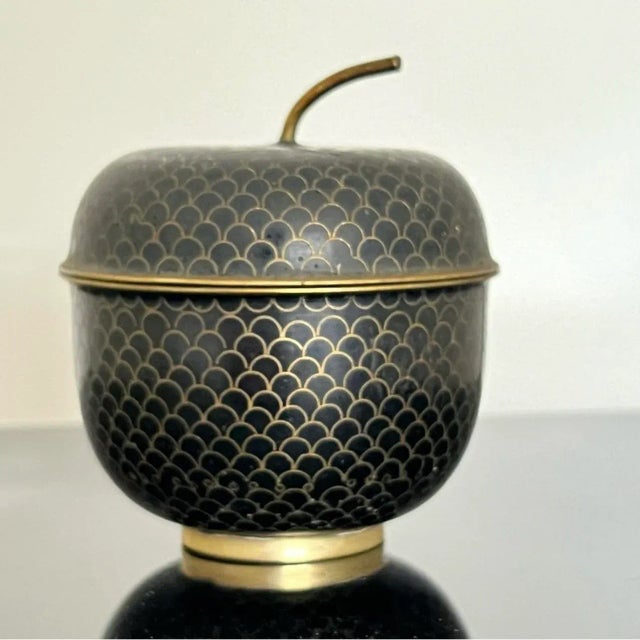 Vintage Cloisonné Lidded Box in Acorn Form – Black & Gold With Turquoise Enamel Interior For Sale - Image 12 of 12