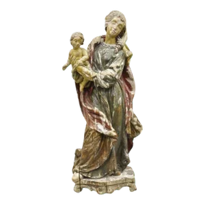 Antique Spanish Latin Polychromed Carved Wood Figure Madonna and Child Statue