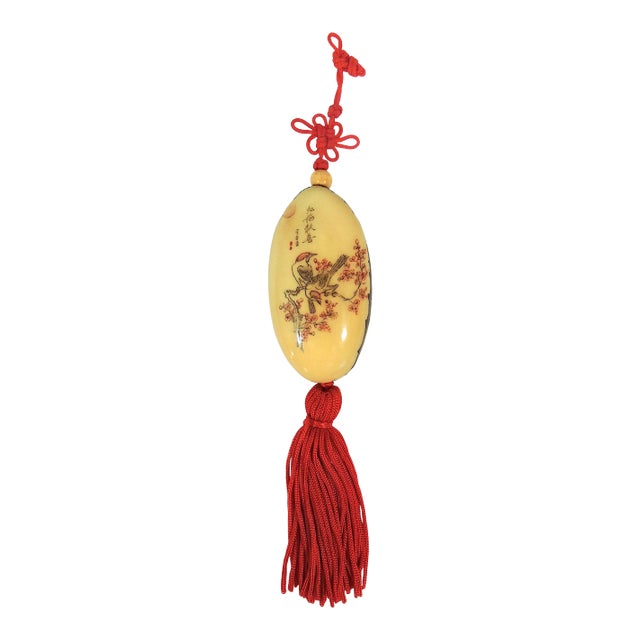 Vintage 1980s Chinese Hand Painted Birds in Cherry Blossoms & Calligraphy Netsuke Hanging Fob With Red Tassel For Sale