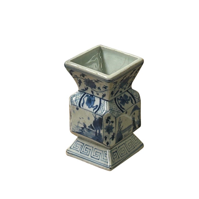 Vintage Pale Blue White Scenery Graphic Square Porcelain Vase 2 For Sale - Image 9 of 9