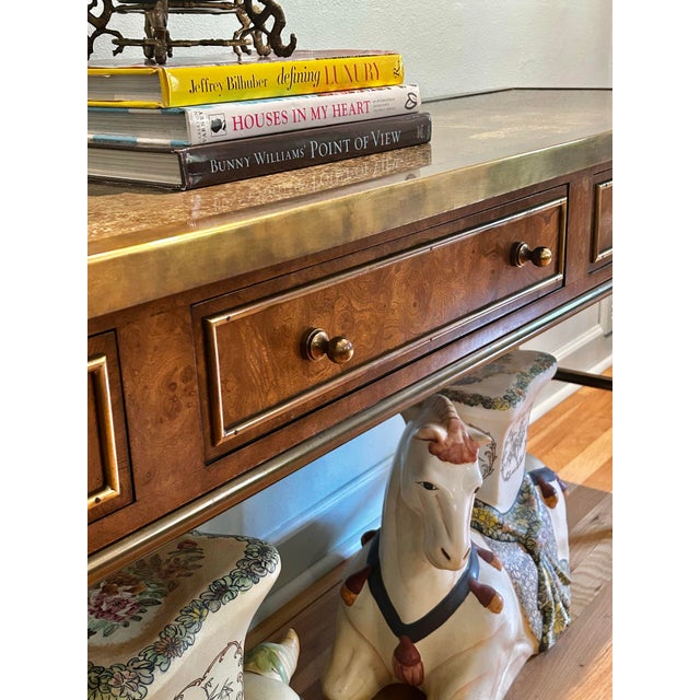 1970s 1970’s Mastercraft Attributed Brass Clad Faux Bamboo and Burl Wood 3 Drawer Console Table For Sale - Image 5 of 13