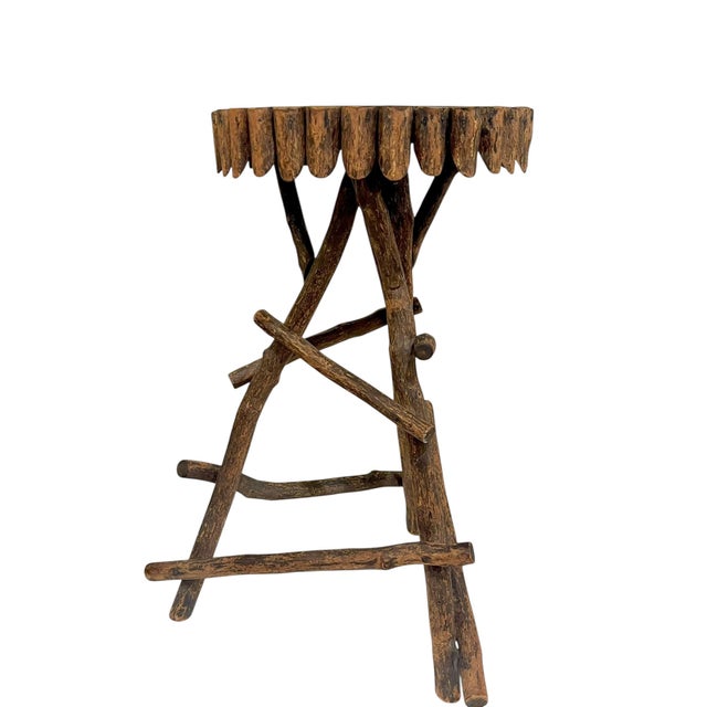 Cabin Antique Adirondack Twig Side Table With Natural Edge Top – Rustic Folk Art Cabin Style For Sale - Image 3 of 17