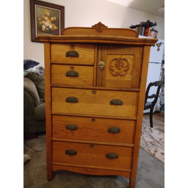 Tigerwood tallboy gentlemen's chest of drawers with hat door. Stamped Haworth on the back. I picked this up in Congdon...