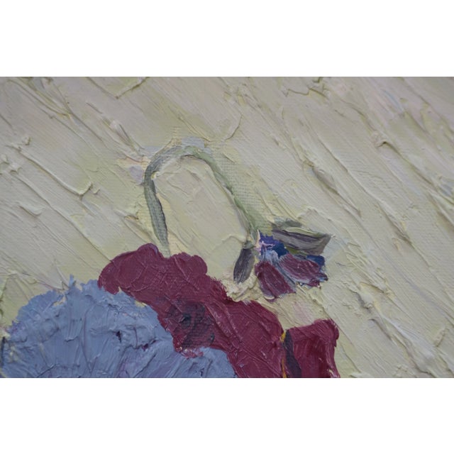 Yellow Late 20th Century Helen McRae Still Life Vase of Pansies Floral Oil Painting on Board 12" For Sale - Image 8 of 9