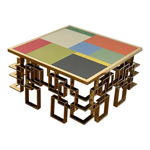 1980s Low Living Room Table in Chrome-Gold Steel and Multicolored Murano Glass Top, 1980s For Sale - Image 5 of 7