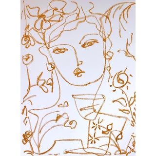 Flowers and Wine in Mustard by Leslie Weaver For Sale