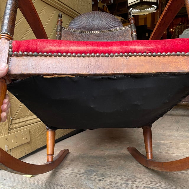 Mid 19th Century Victorian Aesthetic Movement Rocking Chair With Embossed Leather Back and Satyr Finials For Sale - Image 13 of 17