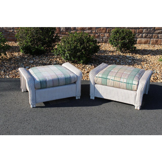 Lloyd Loom White Wicker Ottomans With Green Plaid Cushions—A Pair For Sale - Image 13 of 18
