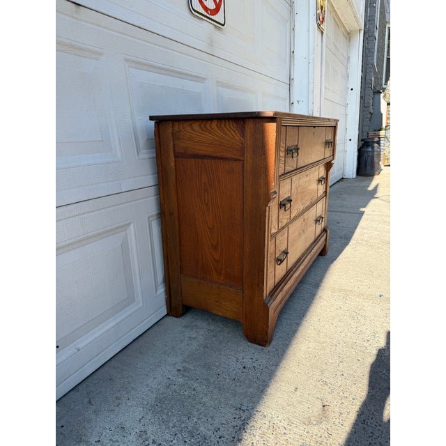 Victorian Antique Victorian Eastlake Oak Three-Drawer Chest With Incised Detail and Brass Hardware For Sale - Image 3 of 12