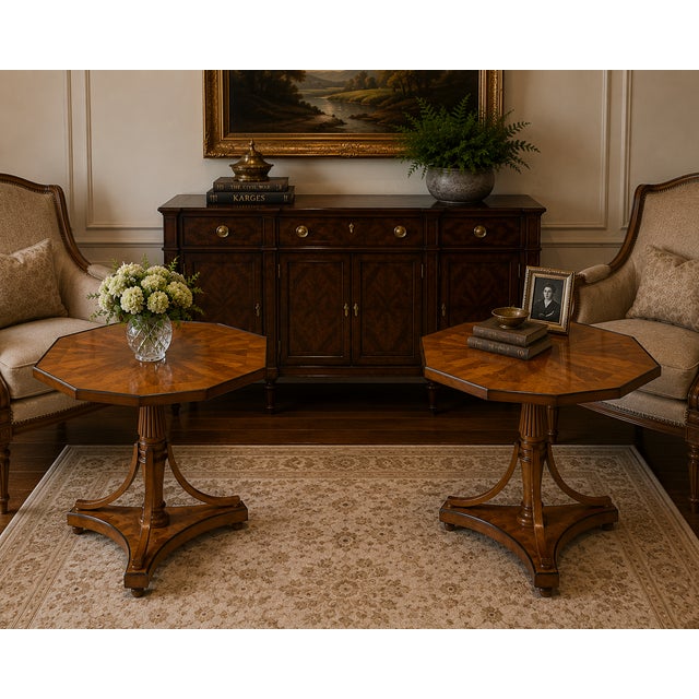 A striking matched pair of octagonal pedestal side tables crafted in the Biedermeier / French Restauration revival style,...