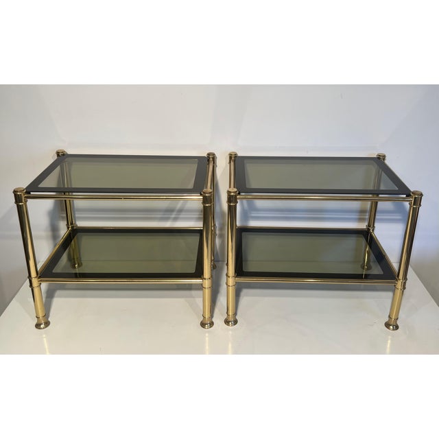 1970s Pair of brass side tables with smoked glass shelves For Sale - Image 10 of 10