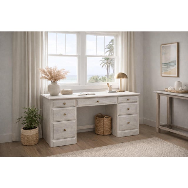 Vintage Solid Pine Scandinavian Style Limewash Double-Pedestal Writing Desk For Sale - Image 10 of 12