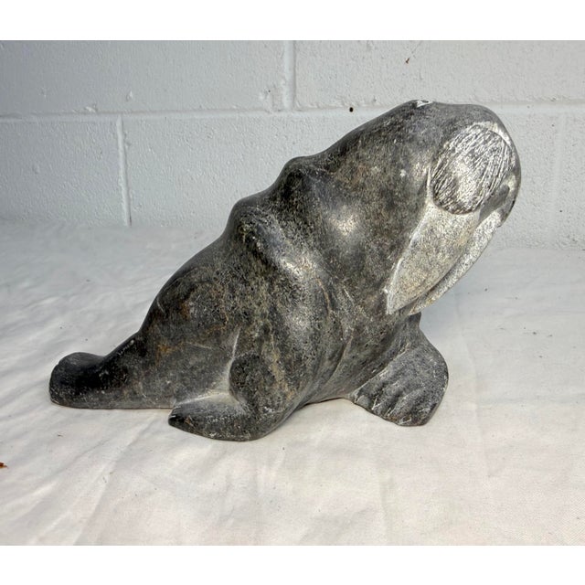 Big Antique Hand Carved Soapstone Canadian Eskimo Walrus Sculpture Inuit Statue For Sale - Image 4 of 13