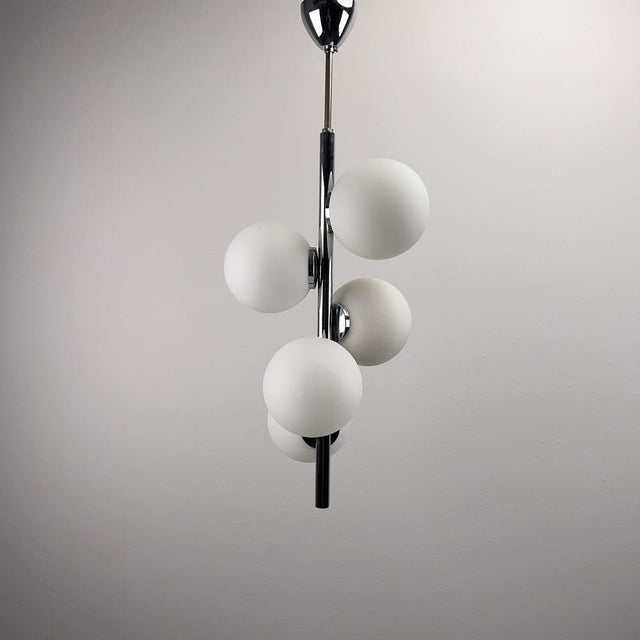Silver Chrome-Plated Elongated Pendant Light with Five White Opal Glass Spheres, Germany, 1970s For Sale - Image 8 of 8