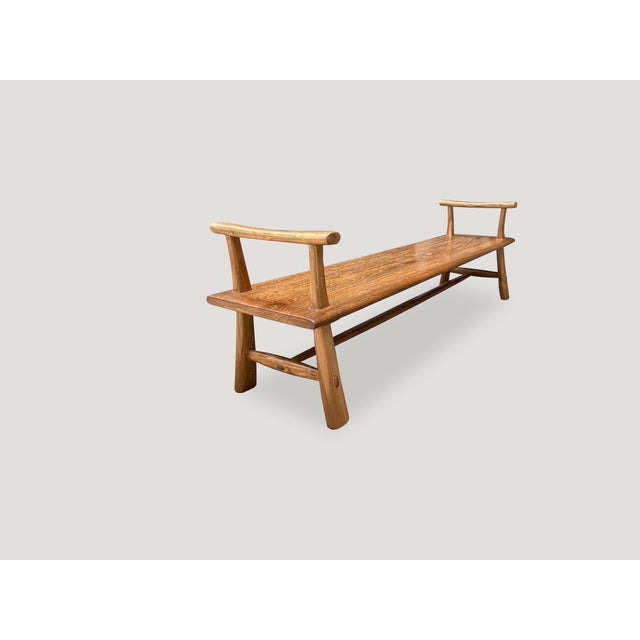 Andrianna Shamaris Midcentury Couture Teak Wood Bench with Arms For Sale - Image 4 of 18