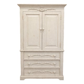 Vintage Distressed Solid Wood Armoire With Carved Laurel Details For Sale
