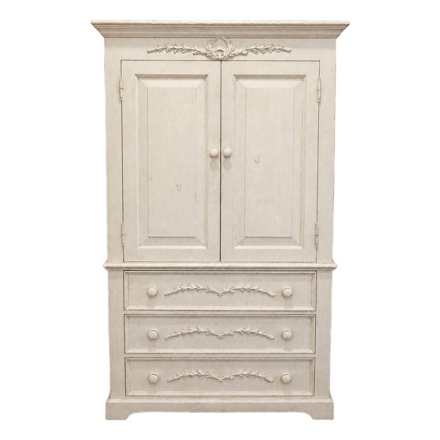 Vintage Distressed Solid Wood Armoire With Carved Laurel Details For Sale