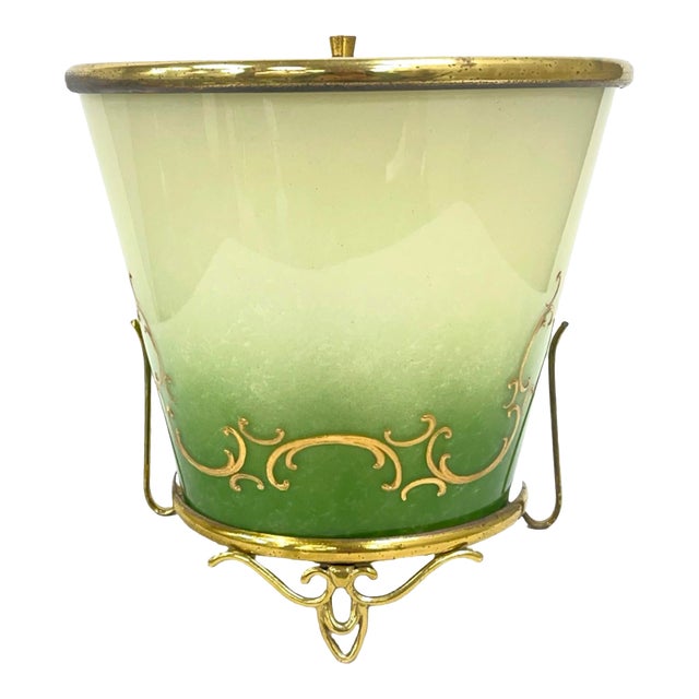 Green Gradient Glass Wall Sconce With Brass Fixture, France 1960s. For Sale